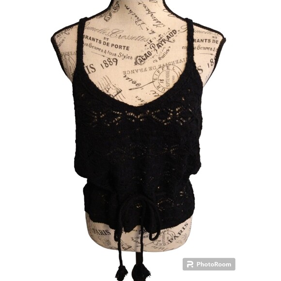 SO y2k crotchet cottage core feminine tie front tassel black top large - Picture 2 of 8